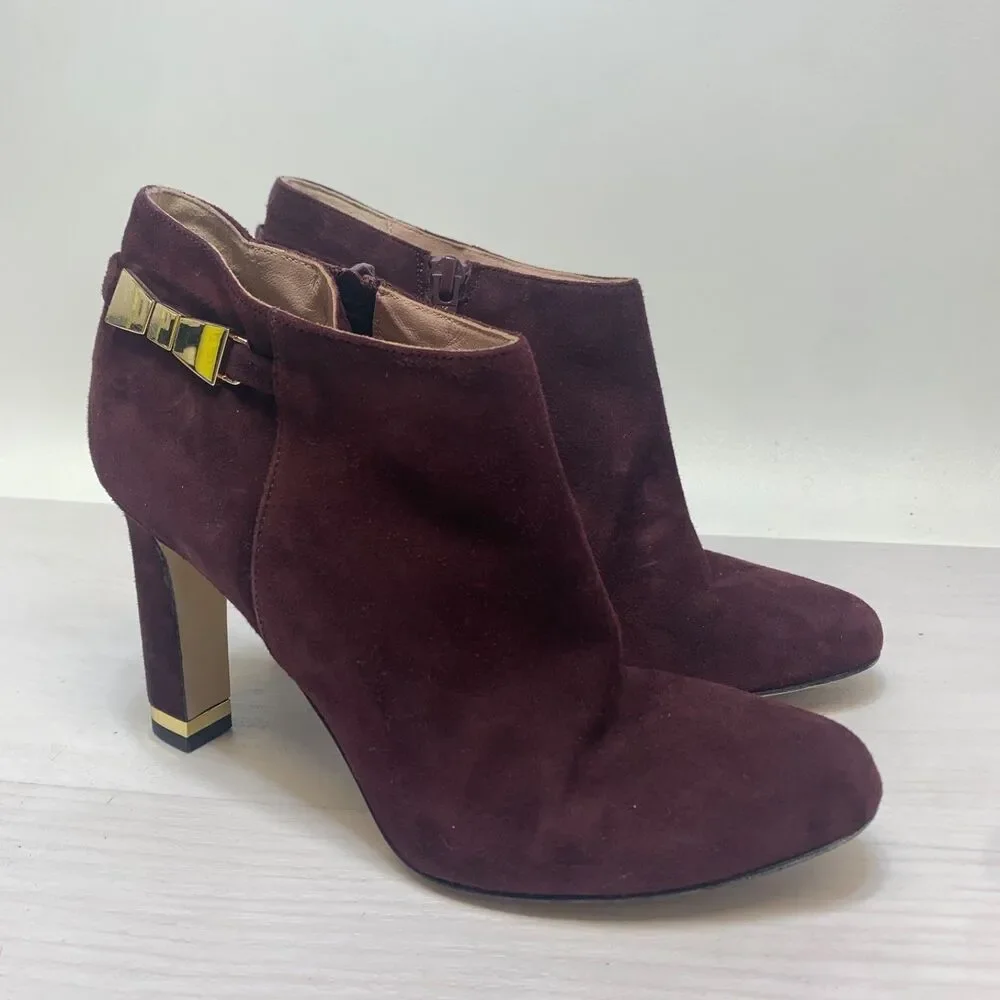 Kate Spade Aldaz Cabernet Suede Gold Bow Ankle Boots Straight Heel‎ Women’s 6.5B